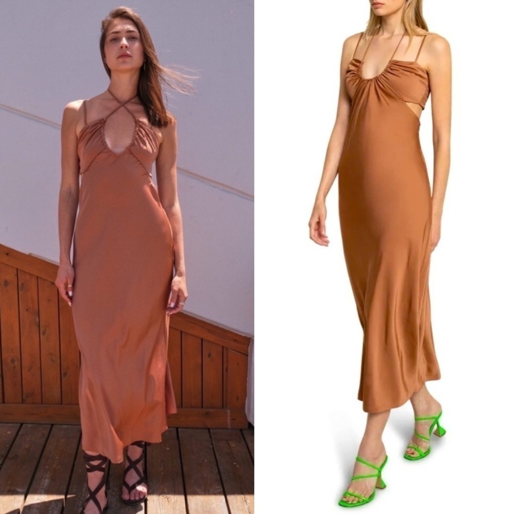 A.L.C. Sienna Cut Out Shirred Satin Midi Dress in Rawhide Brown Size:6